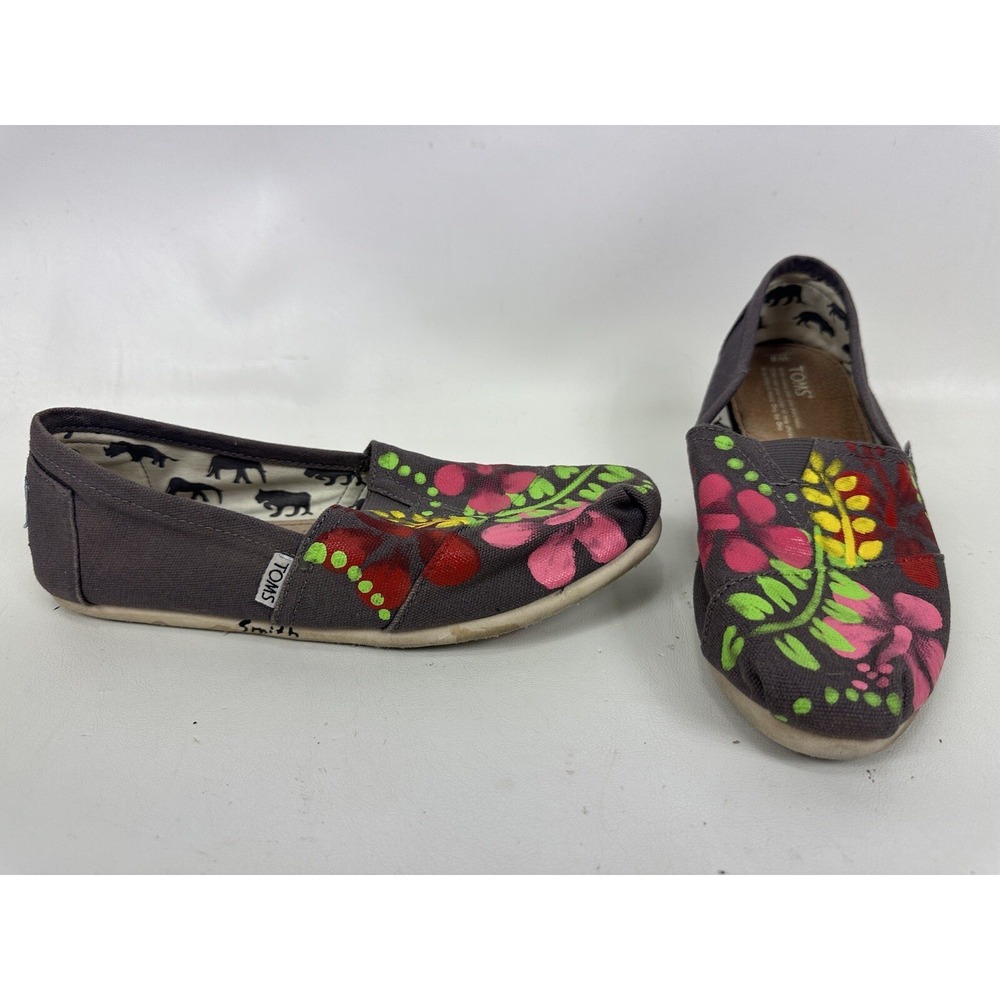 Toms Haiti Artists Collective Floral Print Canvas Slip On Gray Womens Size 8